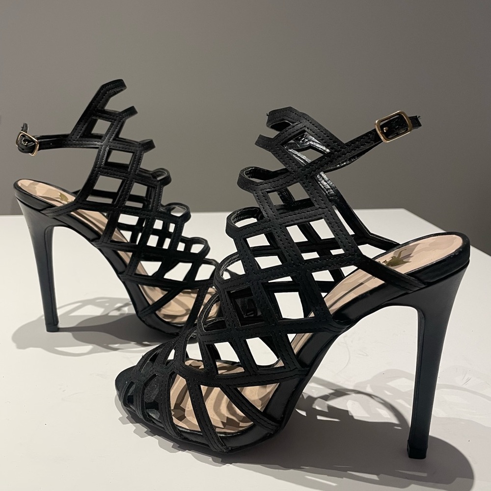 Black Vegan Leather Caged Stilettos Size 8